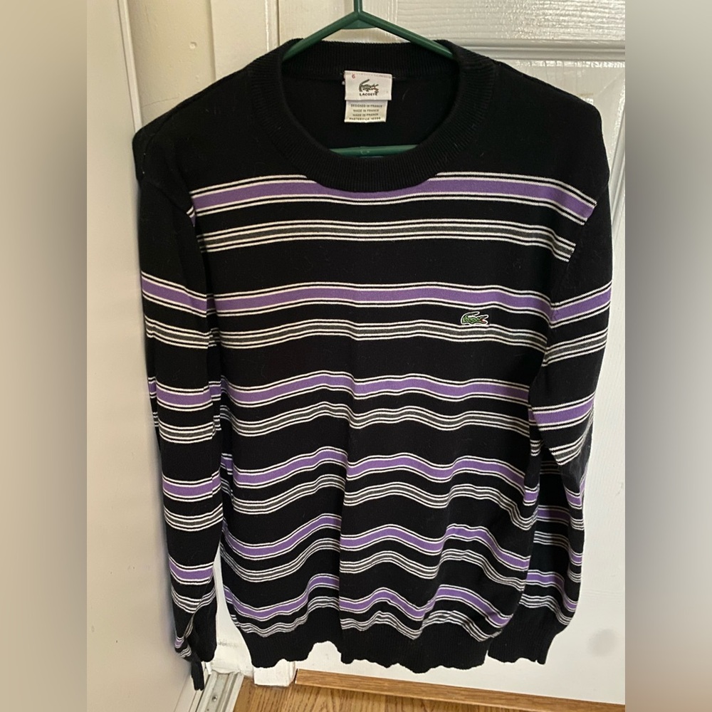 Lacoste Men's Black and Purple Striped Crewneck Sweater